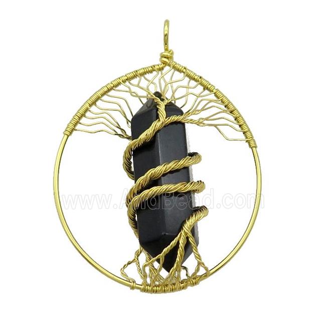Black Onyx Agate Tree Of Life Pendant Alloy Wire Wrapped Gold Plated