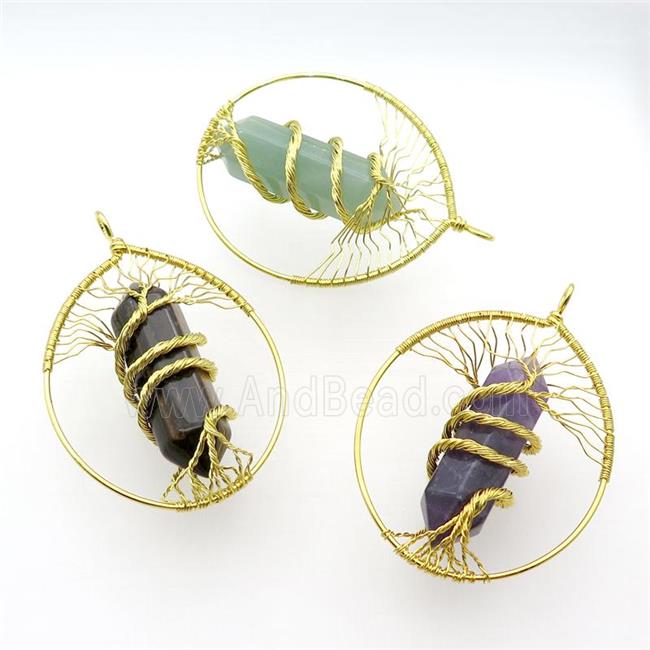 Mix Gemstone Tree Of Life Pendant Alloy Wire Wrapped Gold Plated