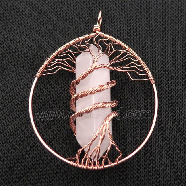 Pink Rose Quartz Tree Of Life Pendant Alloy Wire Wrapped Rose Gold