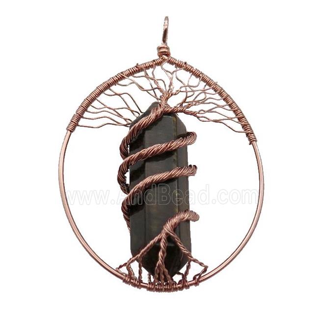 Tiger Eye Stone Tree Of Life Pendant Alloy Wire Wrapped Rose Gold