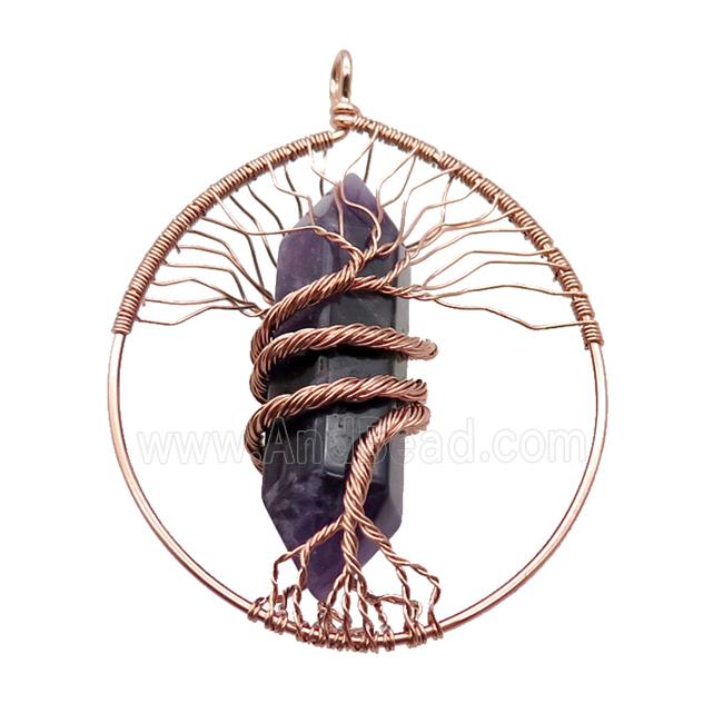 Purple Amethyst Tree Of Life Pendant Alloy Wire Wrapped Rose Gold