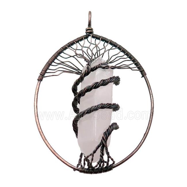 Rose Quartz Tree Of Life Pendant Alloy Wire Wrapped Antique Red