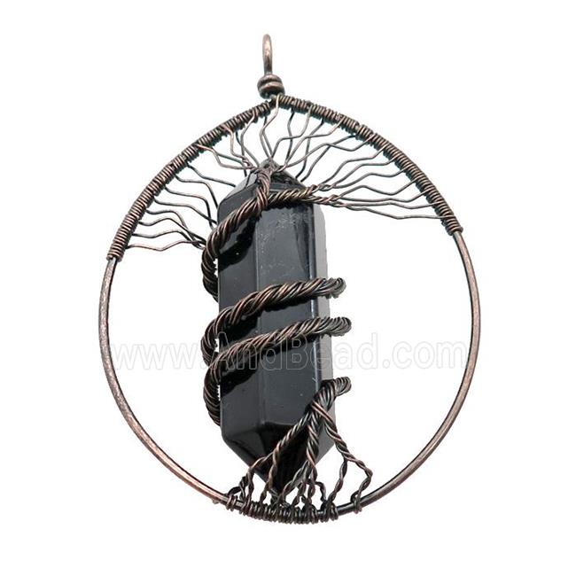 Black Onyx Agate Tree Of Life Pendant Alloy Wire Wrapped Antique Red