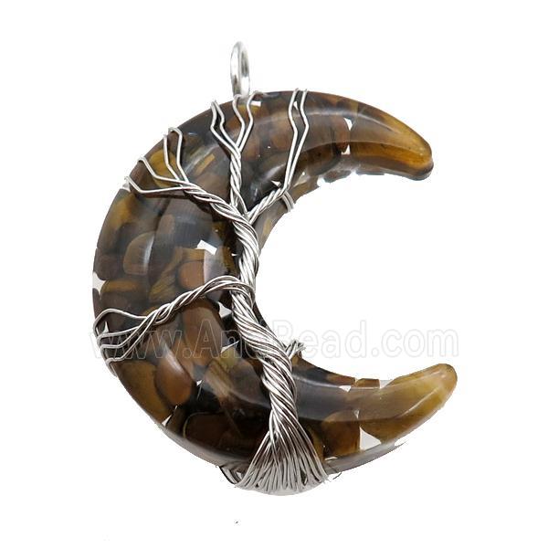 Resin Moon Pendant With Tiger Eye Chip Tree Wire Wrapped