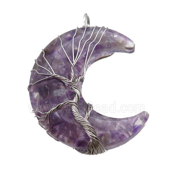 Resin Moon Pendant With Amethyst Chip Tree Wire Wrapped