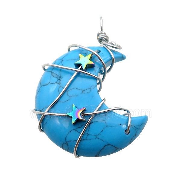 Blue Dye Turquoise Moon Pendant Wire Wrapped