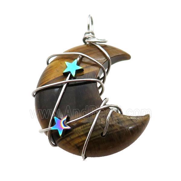 Tiger Eye Stone Moon Pendant Wire Wrapped