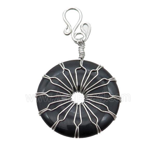 Black Onyx Agate Donut Pendant Wire Wrapped