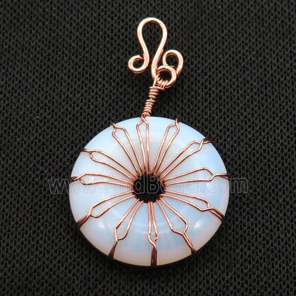 White Opalite Donut Pendant Wire Wrapped Rose Gold