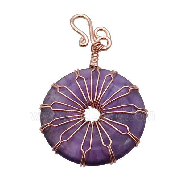 Purple Amethyst Donut Pendant Wire Wrapped Rose Gold