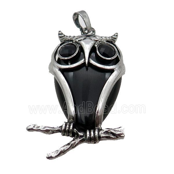 Black Onyx Agate Owl Pendant Alloy Antique Silver