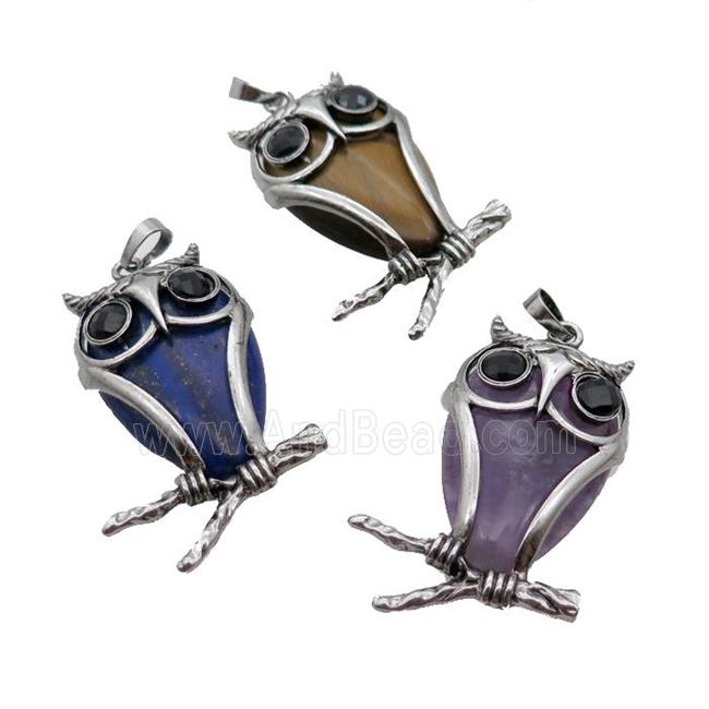 Mix Gemstone Owl Pendant Alloy Antique Silver