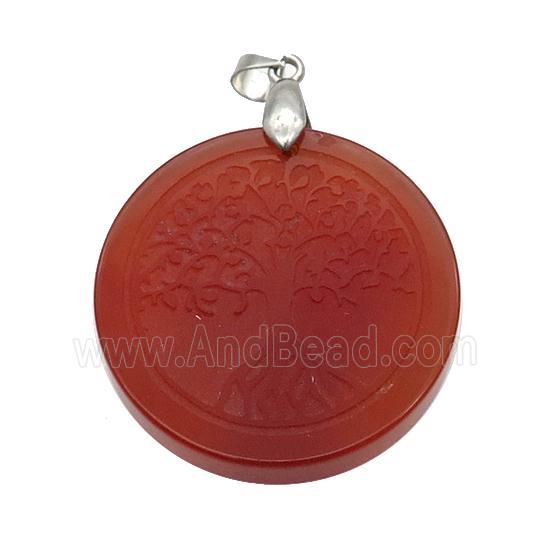 Red Carnelian Agate Circle Pendant Tree Of Life Craved
