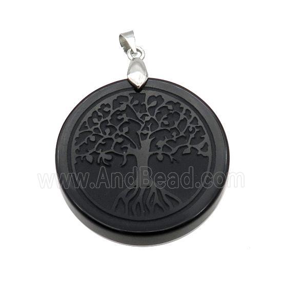 Black Onyx Agate Circle Pendant Tree Of Life Craved