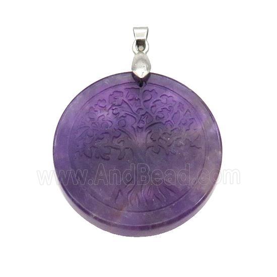 Purple Amethyst Circle Pendant Tree Of Life Craved