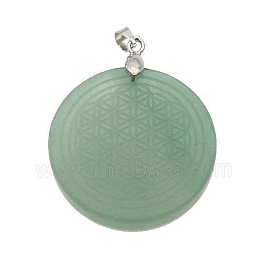 Green Aventurine Circle Pendant Flower Of Life Craved