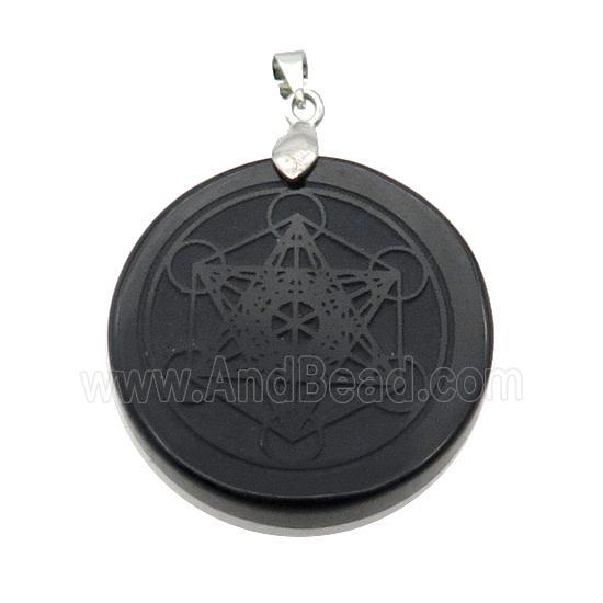 Black Onyx Agate Circle Pendant Metatrons Cube Craved