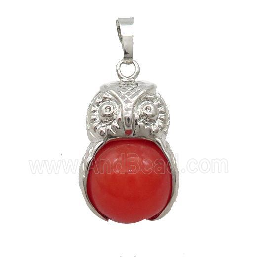 Red Dye Agate Owl Alloy Pendant