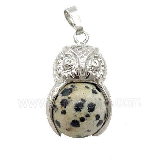 Black Dalmatian Jasper Owl Alloy Pendant