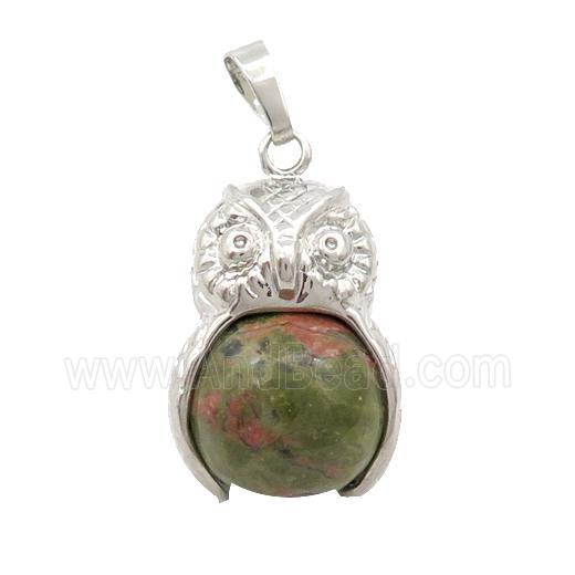 Unakite Owl Alloy Pendant