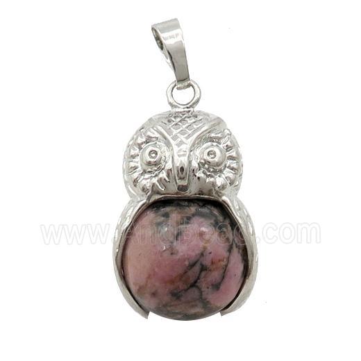 Alloy Owl Pendant With Rhodonite
