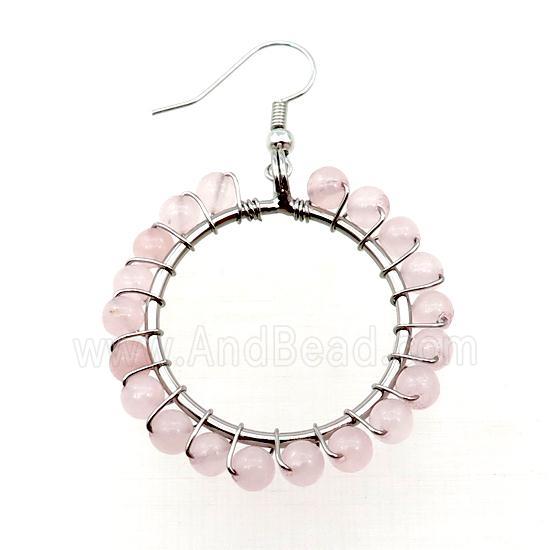 Pink Rose Quartz Copper Hook Earring Wire Wrapped Platinum Plated