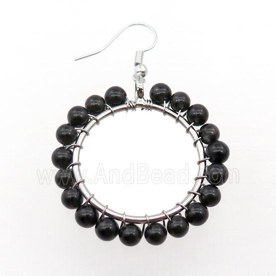 Black Onyx Agate Copper Hook Earring Wire Wrapped Platinum Plated