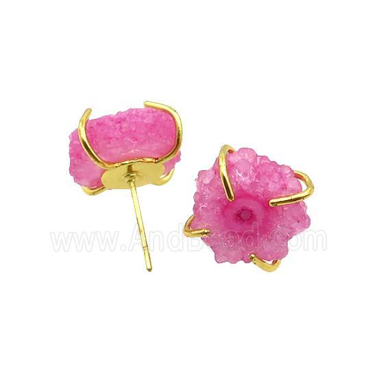 Pink Quartz Druzy Copper Stud Earring Gold Plated
