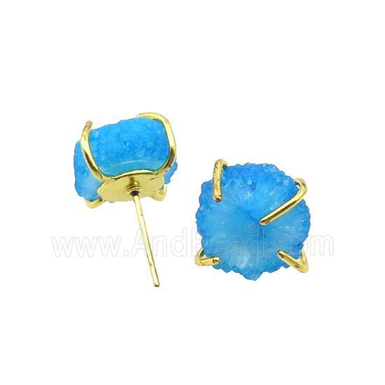 Blue Quartz Druzy Copper Stud Earring Gold Plated