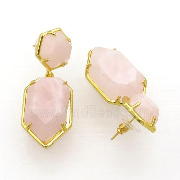 Pink Rose Quartz Copper Stud Earring Gold Plated