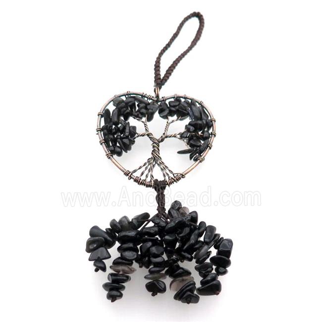 Black Obsidian Chip Pendant Tree Of Life Antique Red