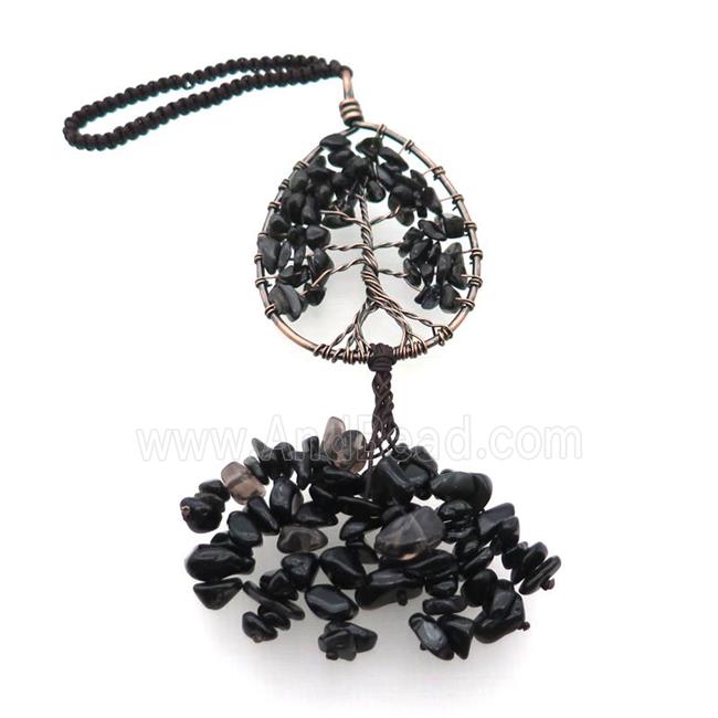 Black Obsidian Chip Pendant Tree Of Life Antique Red