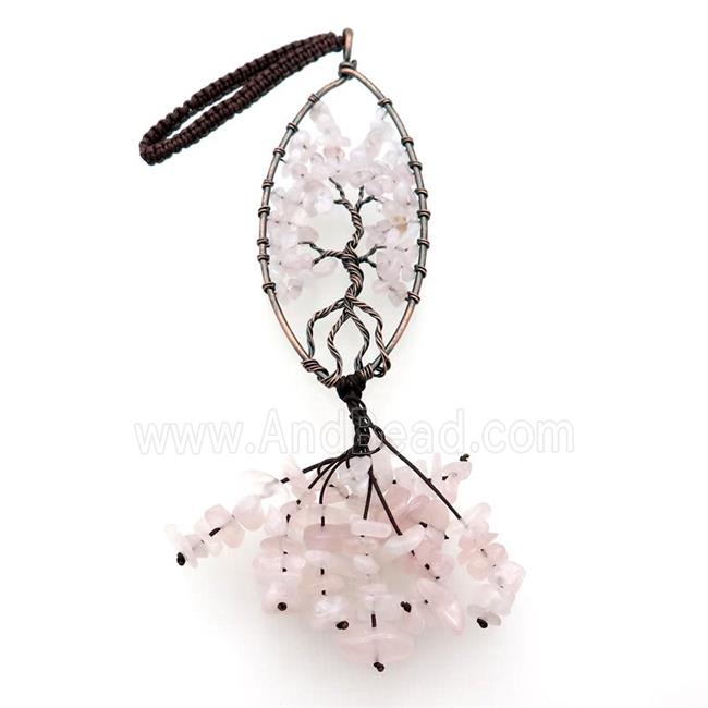 Pink Rose Quartz Chip Pendant Tree Of Life Antique Red