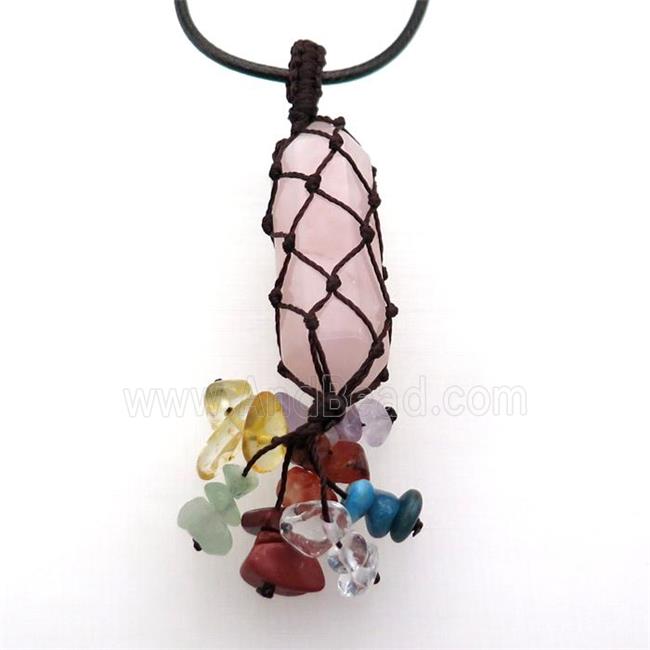 Rose Quartz Stick Necklace Gemstone Chakra Wire Wrapped
