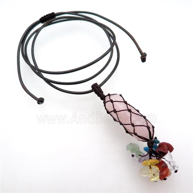 Rose Quartz Stick Necklace Gemstone Chakra Wire Wrapped