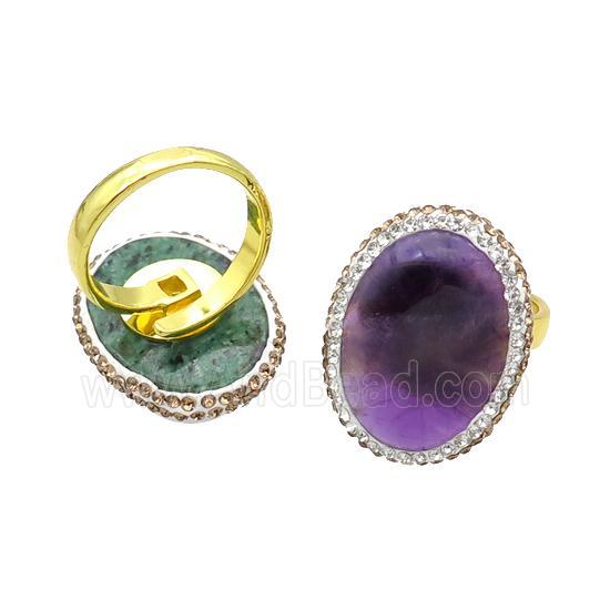Amethyst Copper Ring Pave Rhinestone Adjustable Gold Plated