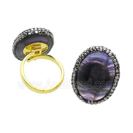 Fluorite Copper Ring Pave Rhinestone Adjustable Gold Plated