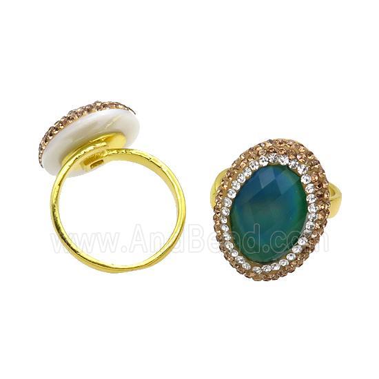 Green Crystal Glass Copper Ring Pave Rhinestone Adjustable Gold Plated