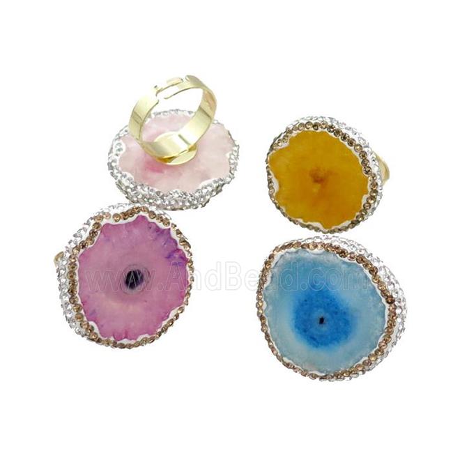 Mixed Quartz Druzy Copper Ring Pave Rhinestone Adjustable Gold Plated