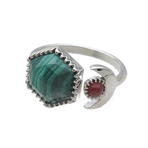 Natural Malachite Copper Ring Hexagon Platinum Plated