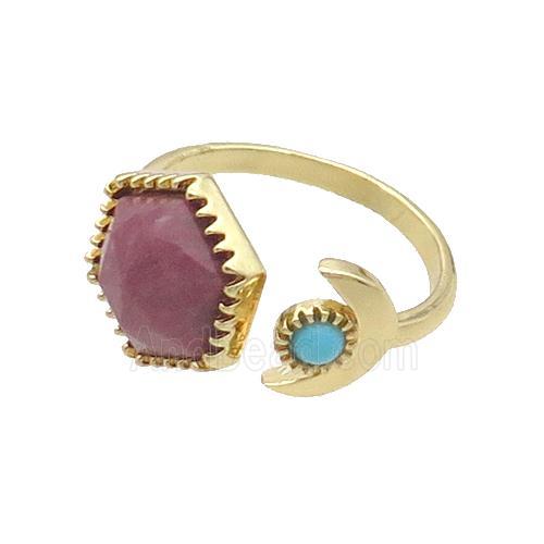 Pink Rhodonite Copper Ring Hexagon Gold Plated