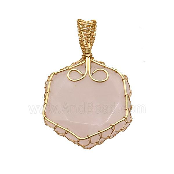 Pink Rose Quartz Hexagon Pendant Wire Wrapped