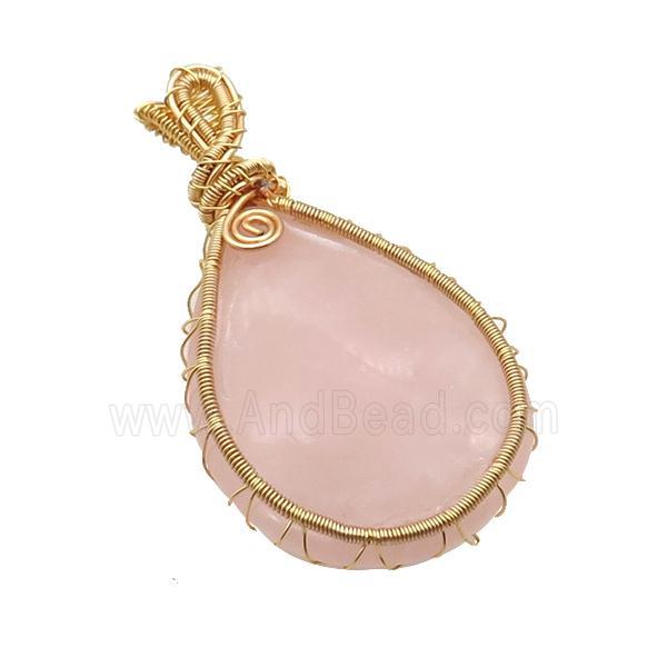 Pink Rose Quartz Teardrop Pendant Wire Wrapped