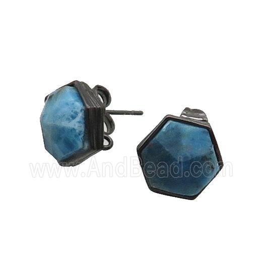 Blue Apatite Hexagon Stud Earring Copper Black Plated