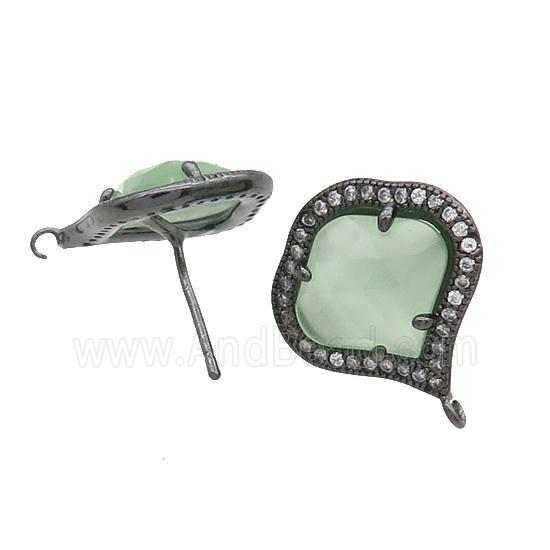 Lt.Green Cat Eye Glass Stud Earring Copper Pave Zircon With Loop Black Plated