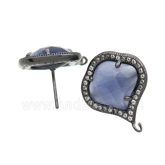 Blue Cat Eye Glass Stud Earring Copper Pave Zircon With Loop Black Plated