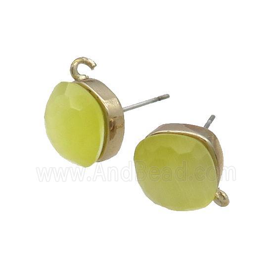 Yellow Cat Eye Glass Stud Earring Copper Loop Gold Plated