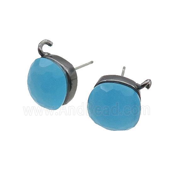 Blue Cat Eye Glass Stud Earring Copper Loop Black Plated