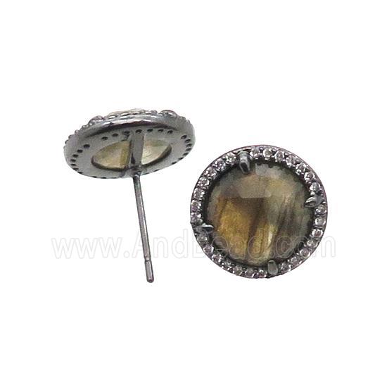 Labradorite Stud Earring Copper Pave Zircon Circle Black Plated