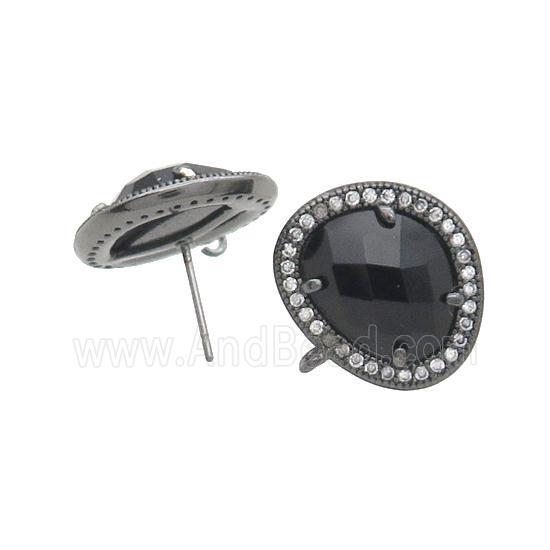 Black Cat Eye Glass Stud Earring Copper Pave Zircon With Loop Black Plated